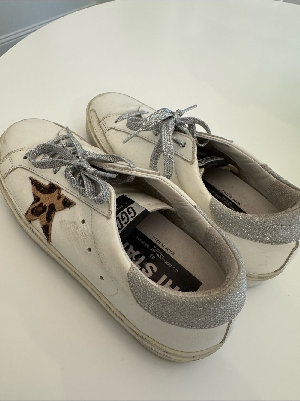 Golden Goose White Sneakers with Leopard Star and Silver Accent